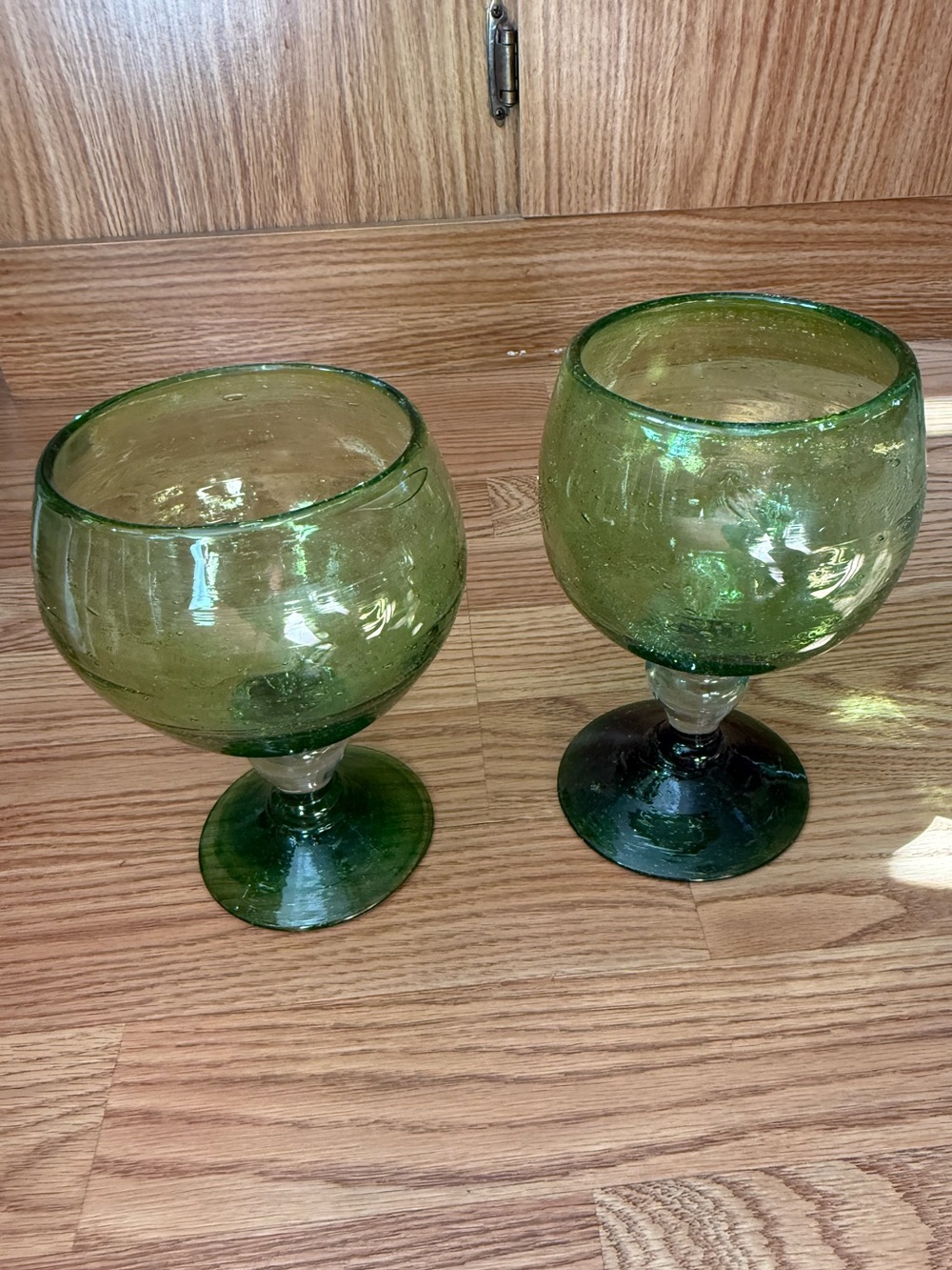 2 vintage, handblown Mexican art glass goblets